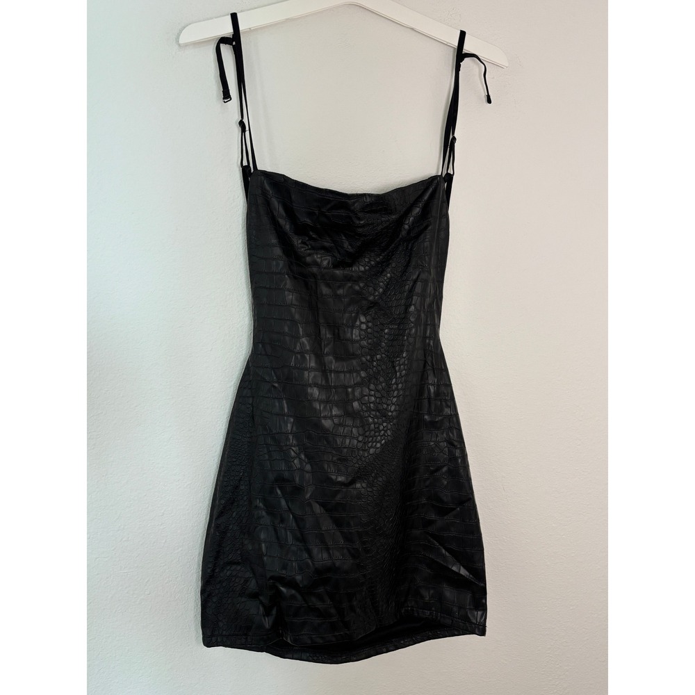 Fashion Nova Black Croc Embossed Faux Leather Mini Dress Cowl Neck Medium NEW